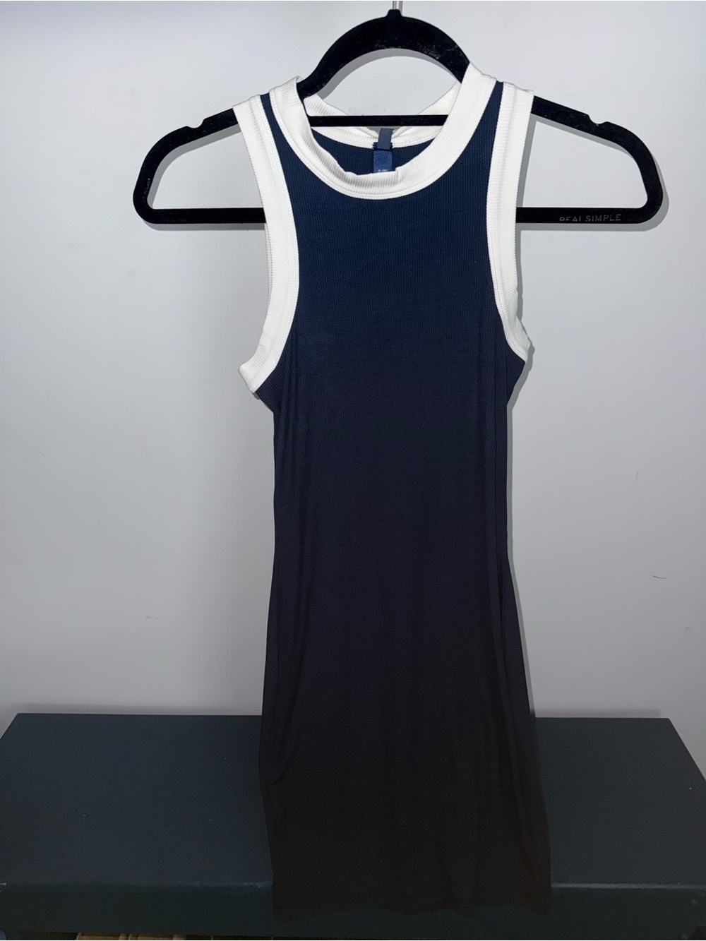 SKIMS Sleeveless Soft Ribbed Lounge Dress Navy with White Trim Size S